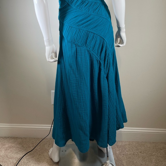 Free People Blurred Lines Midi Dress Blue Dark Teal Sz M 100% Cotton Gauze Sexy - Picture 9 of 15